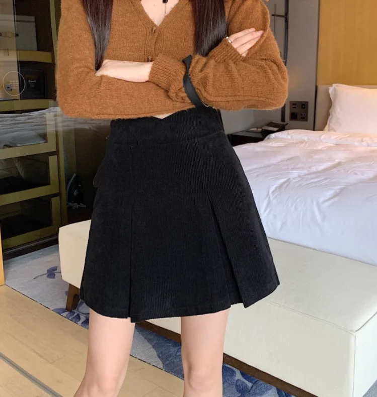 Große Größe Herbst Winter Neue Vielseitige Alter-reduzierung Süße Röcke Frauen Cord Hohe Taille A-linie Einfarbig Mode Röcke