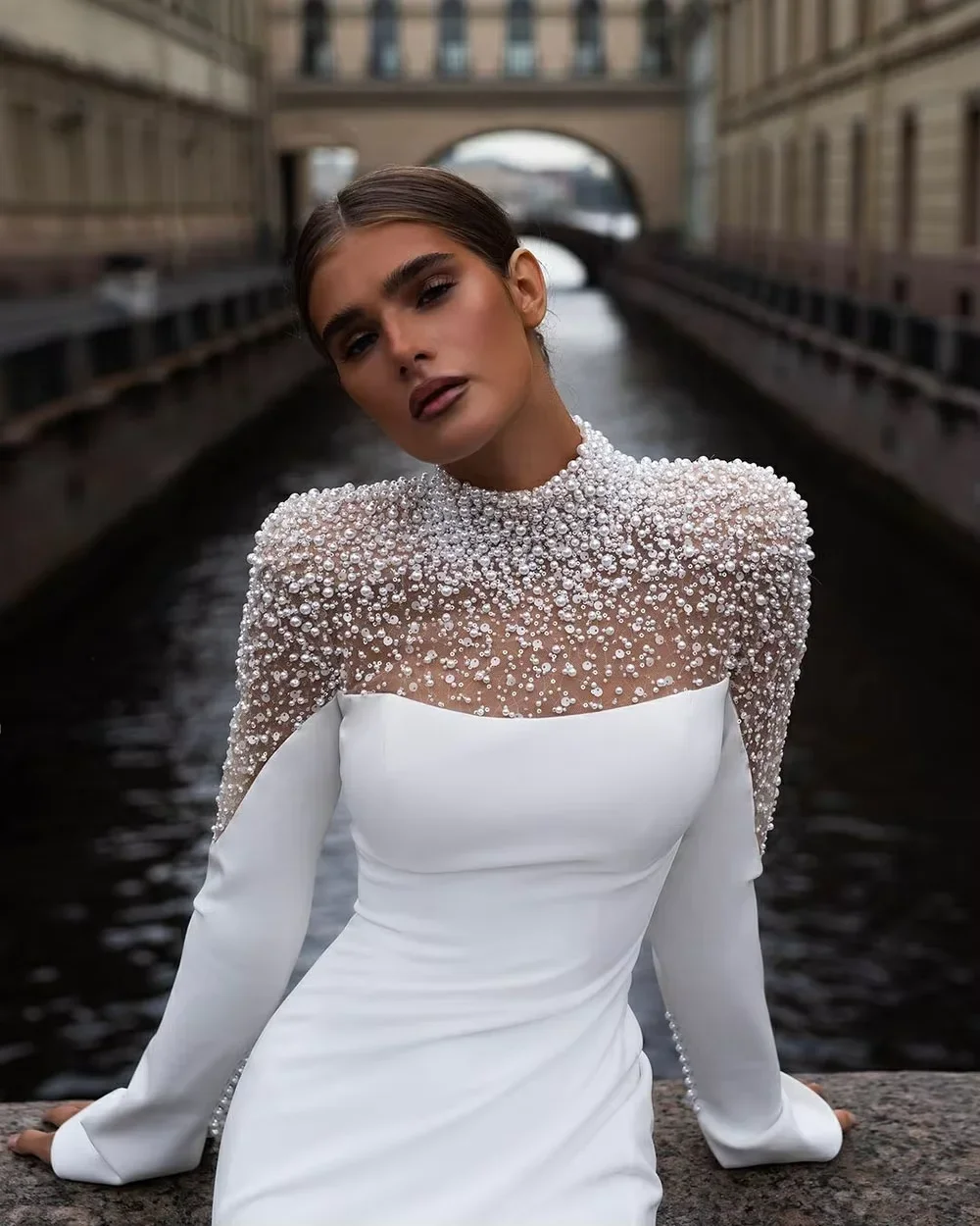 Customized Luxury High Neck Wedding Dresses Long Sleeve Pearls Beading Mermaid Bridal Dress Satin Women Brides Gown
