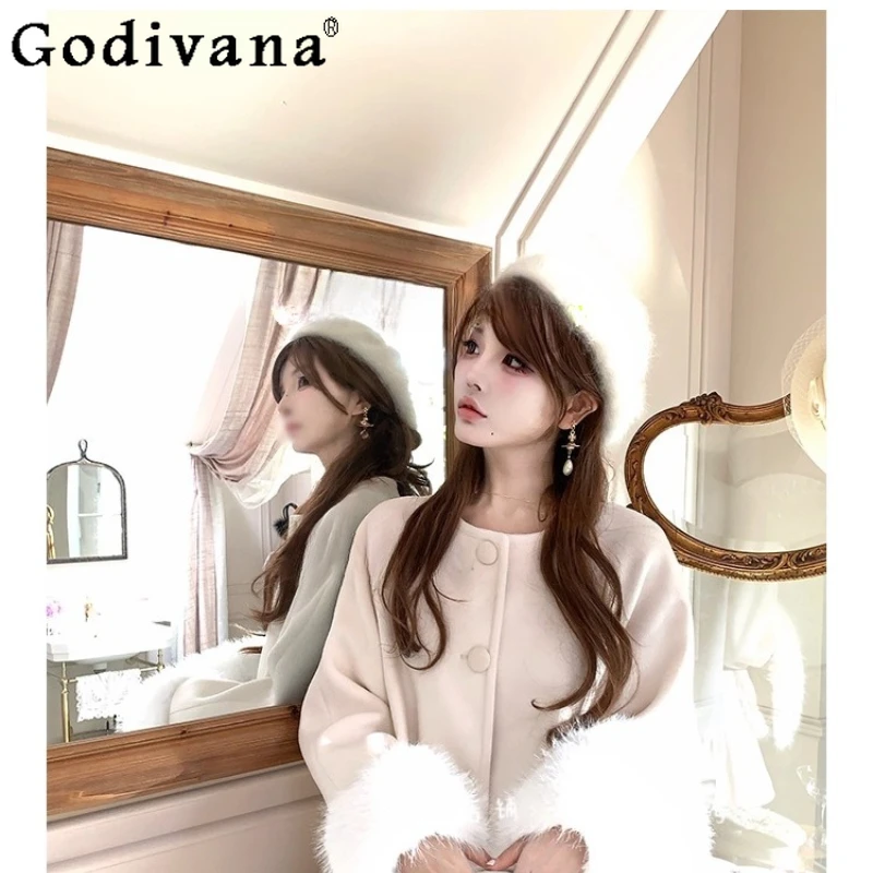Original New Slimming Warm Jackets for Women Gentle Off White Collarless Woolen Coat Female Japanese Style Lolita Coat