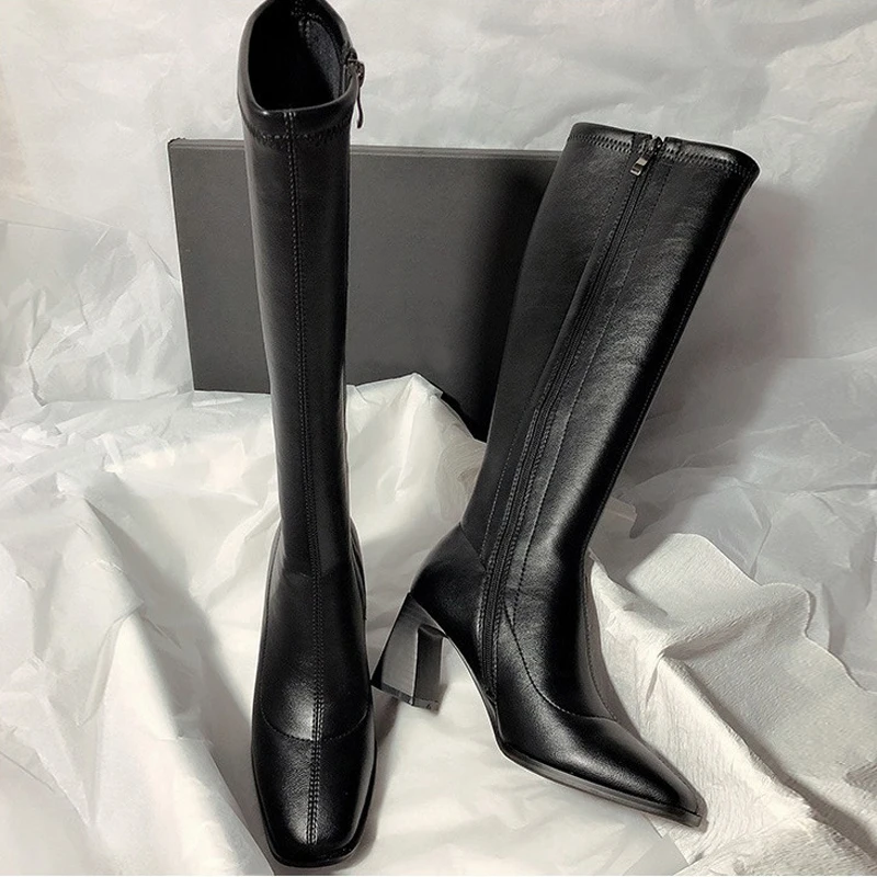 7CM Patent Leather High Heels Long Boots Women Autumn Square Toe Knee-high Botas Woman Side Zipper Thick Heeled Shoes Femme 39