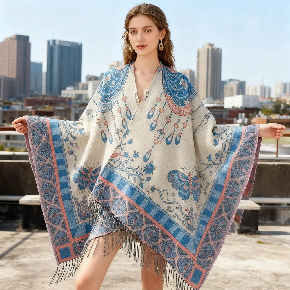 Women Vintage Butterfly Floral Tassel Poncho Thick Cashmere Feel Oversized Ethnic Shawl Autumn Winter Travel Wrap Outerwear