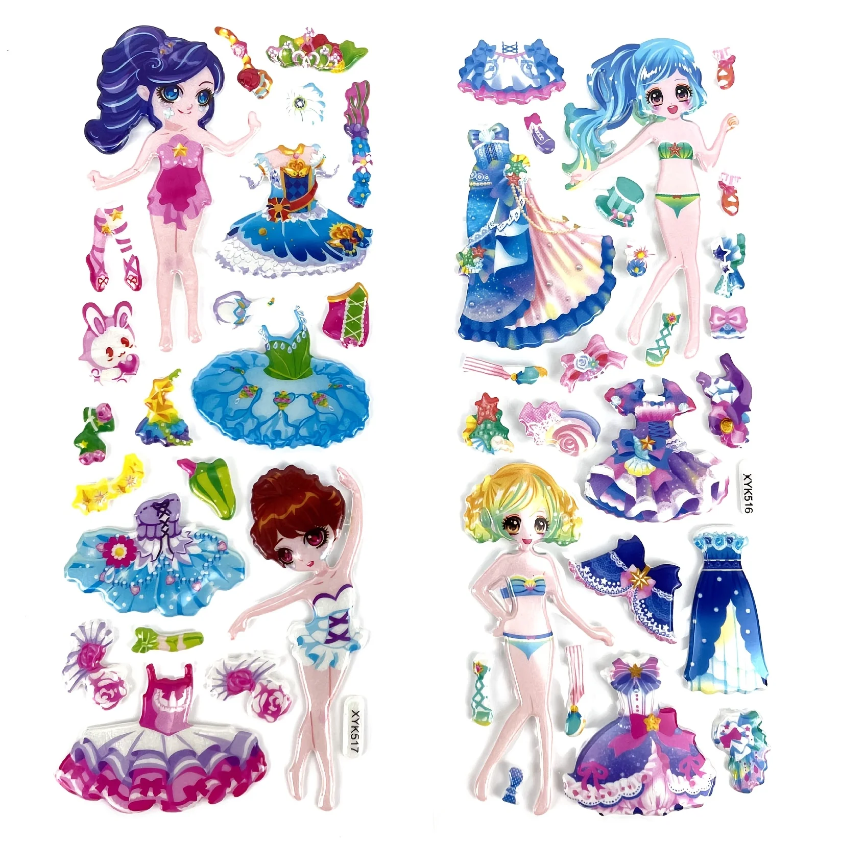 5 قطعة فتاة فستان ملصقات ثلاثية الأبعاد حوريات البحر الأميرة لطيف قابلة لإعادة الاستخدام منتفخ ملصقات DIY بها بنفسك الحرفية هدية عيد ميلاد ديكور الحفلات ZSY