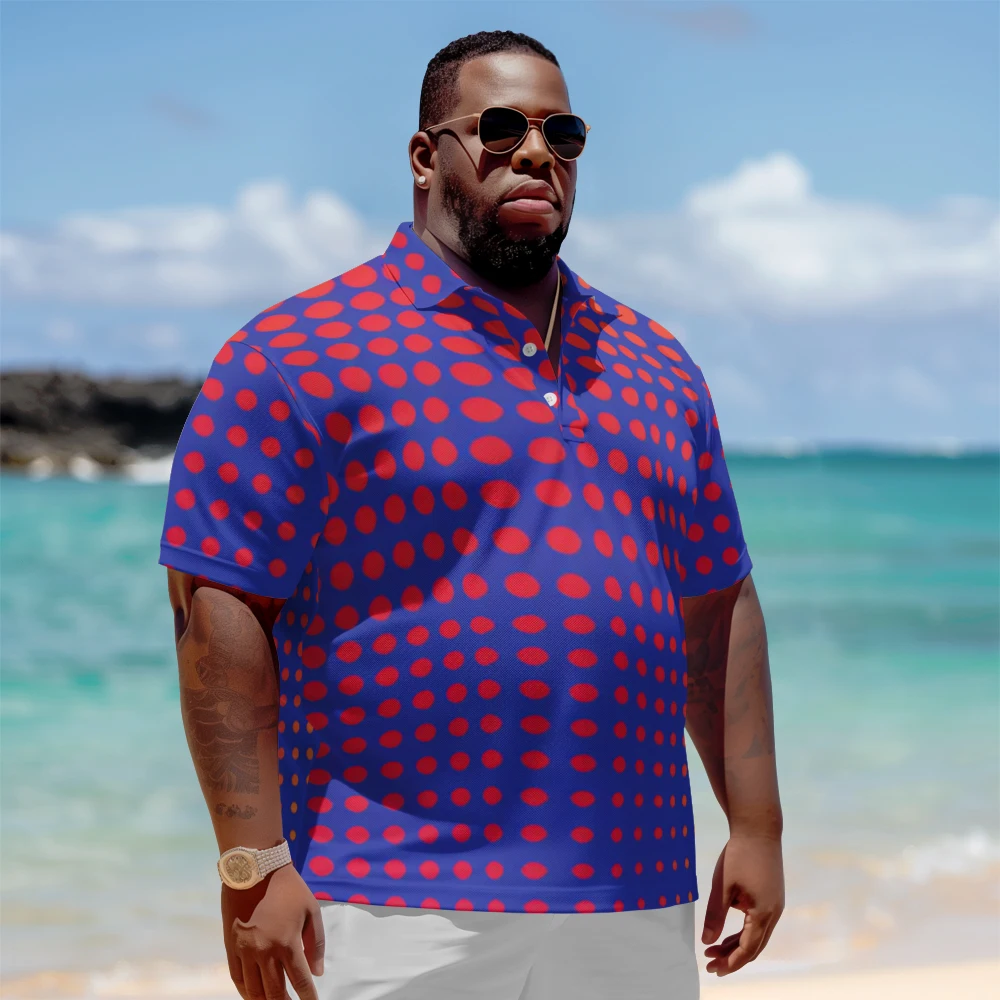 

1 men's plus size polo shirt with summer blue and red polka dot print casual lapel button suitable for shopping and golf