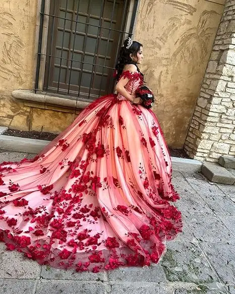 Luxo 3d floral tule quinceanera vestidos inchado perolado vestidos de baile com trem frisado fora do ombro doce 16 vestidos personalizados