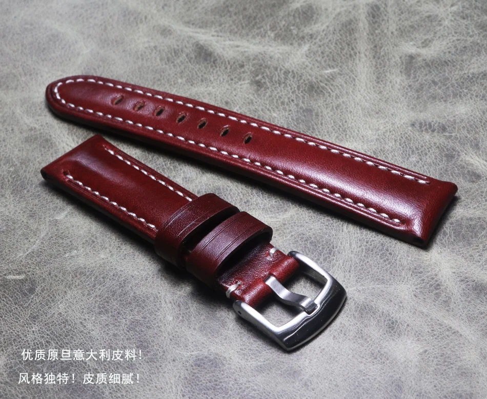 20mm 22mm Luxury Burgundy Handmade Thick Cowhide Leather Watchband Vintage  Derma Bracelet Fashion Wrist Band Strap Accessories