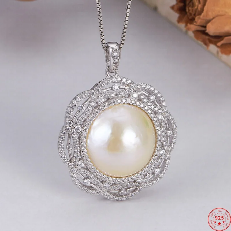 S925 Sterling Silver Charms Pendant for Women Hollow Flowers Inlaid Micro Zircon Mabe Pearl New Fashion Jewelry Wholesale