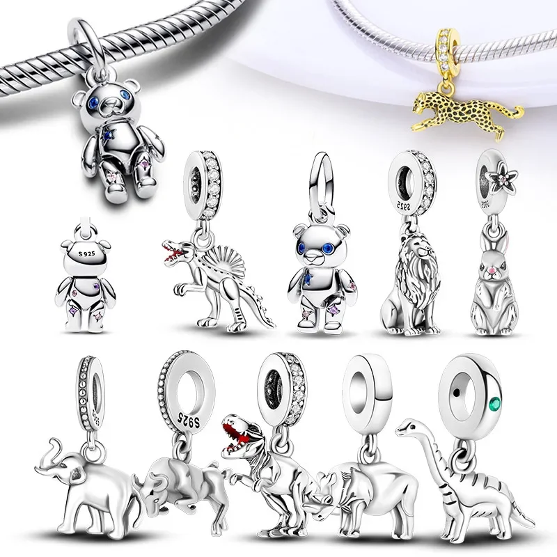 

925 SIlver Animal Dinosaur Lion Wolf Tiger Rabbit Pendant Fit Original Charm Bracelet DIY for Women Fine Jewelry Making Gifts