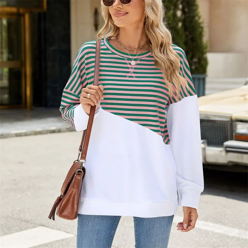 Women Stripes Color Blocking Split Hem Sweatshirt Spring Autumn Comfortable Casual Commuter Hoodie Female O Neck Pullover Tops 4