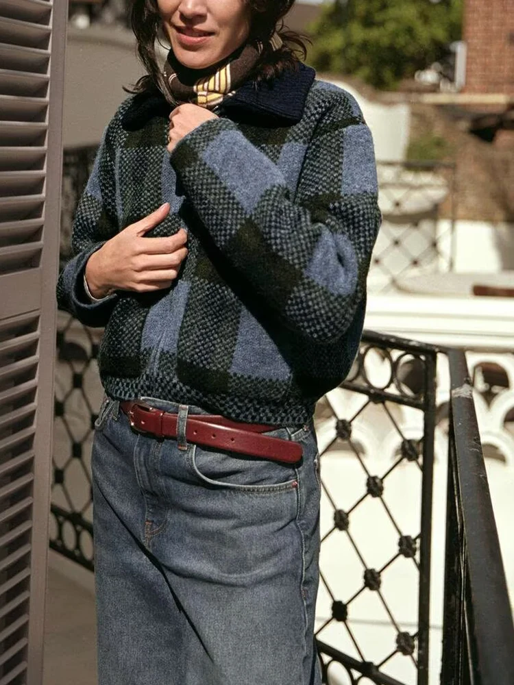 

Европейский и американский стиль 2021, осенние новинки, женская одежда, дизайн, универсальная вязаная куртка в клетку для пригородных поездок