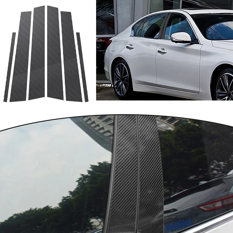 Gloss Black Window Pillar Posts Trim Decal Strip Cover Carbon Fiber Sticker Accents for Infiniti Q50 2014-2023 Car Accessories