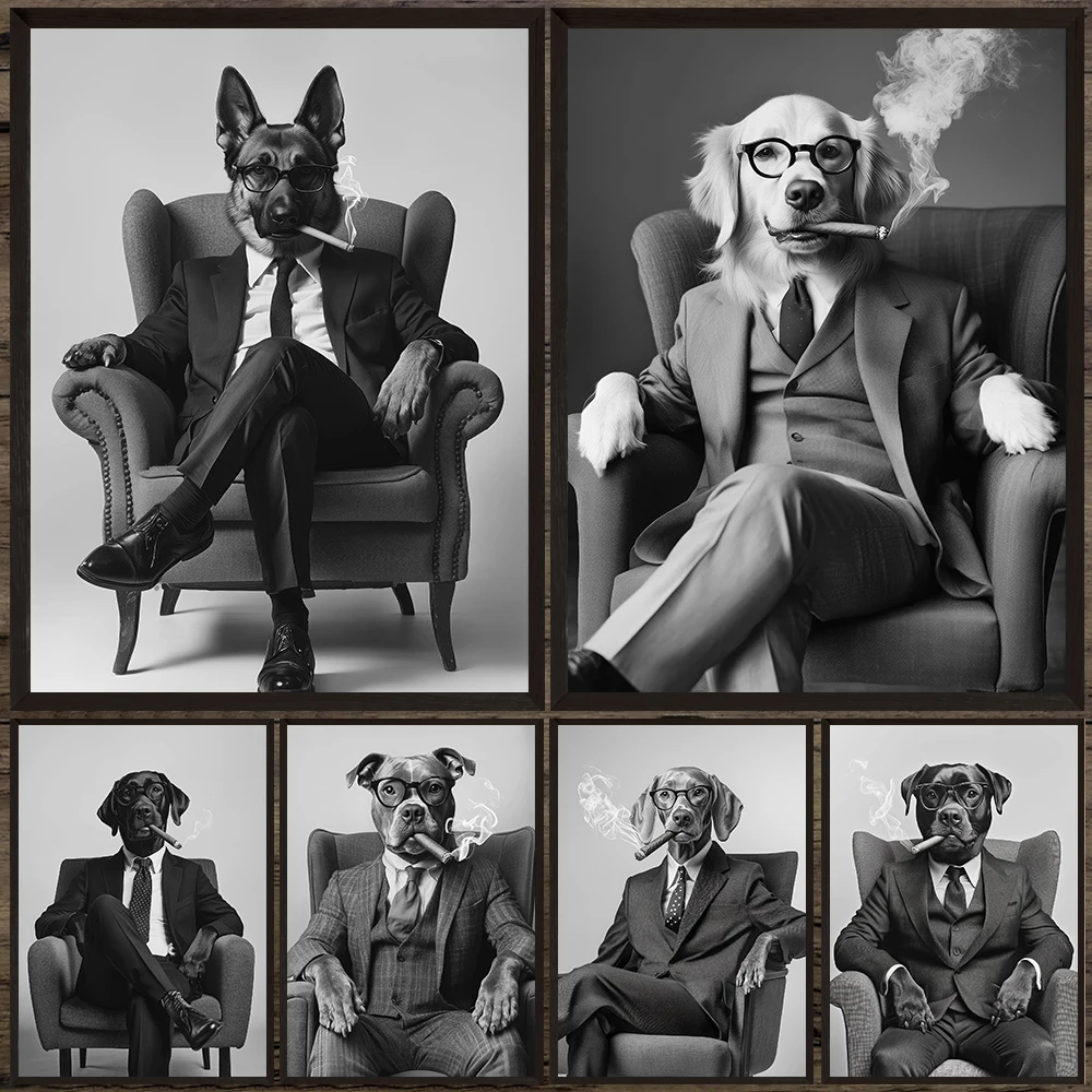 Dog In A Suit Smoking Cigar Abstract Wall Art Canvas Painting,Plutocrat Dog Funny Portrait Art,Black-White Poster Print Decor
