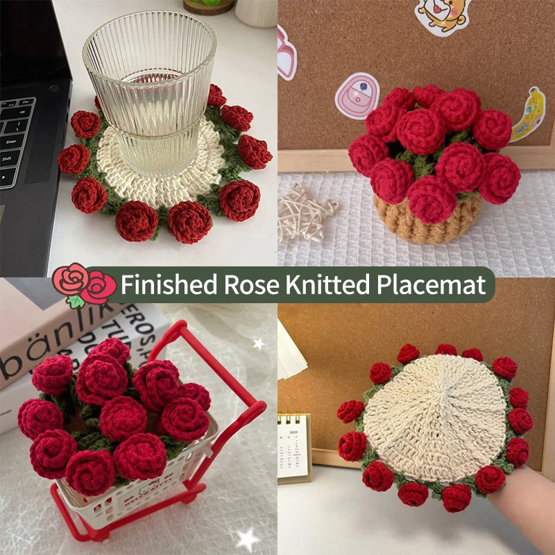 Handmade Crochet Rose Flower Coaster Set, Cute Floral Cup Mat Knitted Drink Coasters for Coffee Table Home Decor Gift