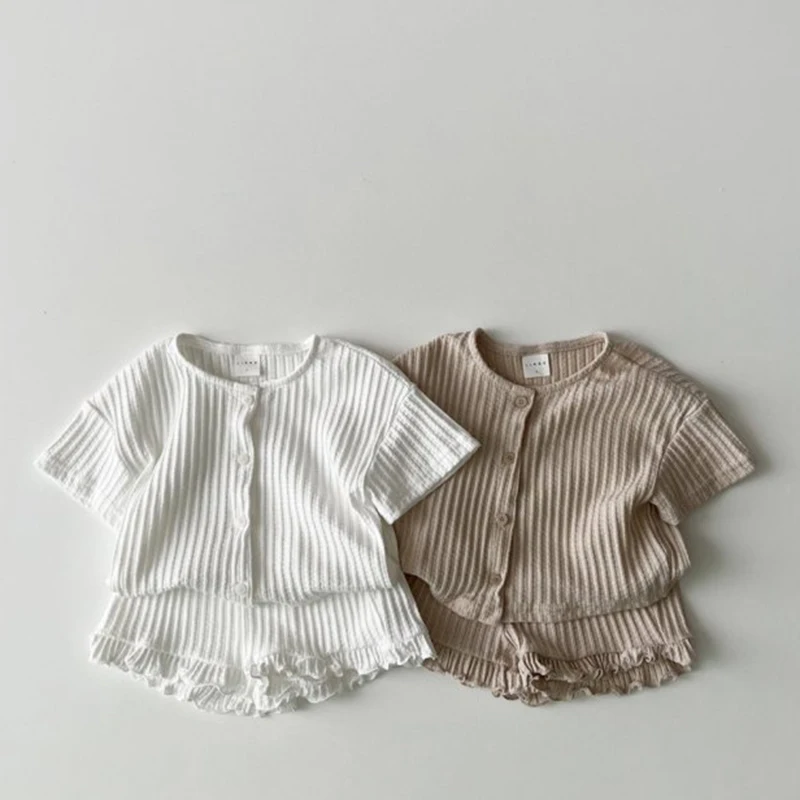 

Children Clothing Set Summer Korean New Girl's Boy Suit Striped Knitted Short-sleeved Cardigan Top+Shorts Two-piece Suit