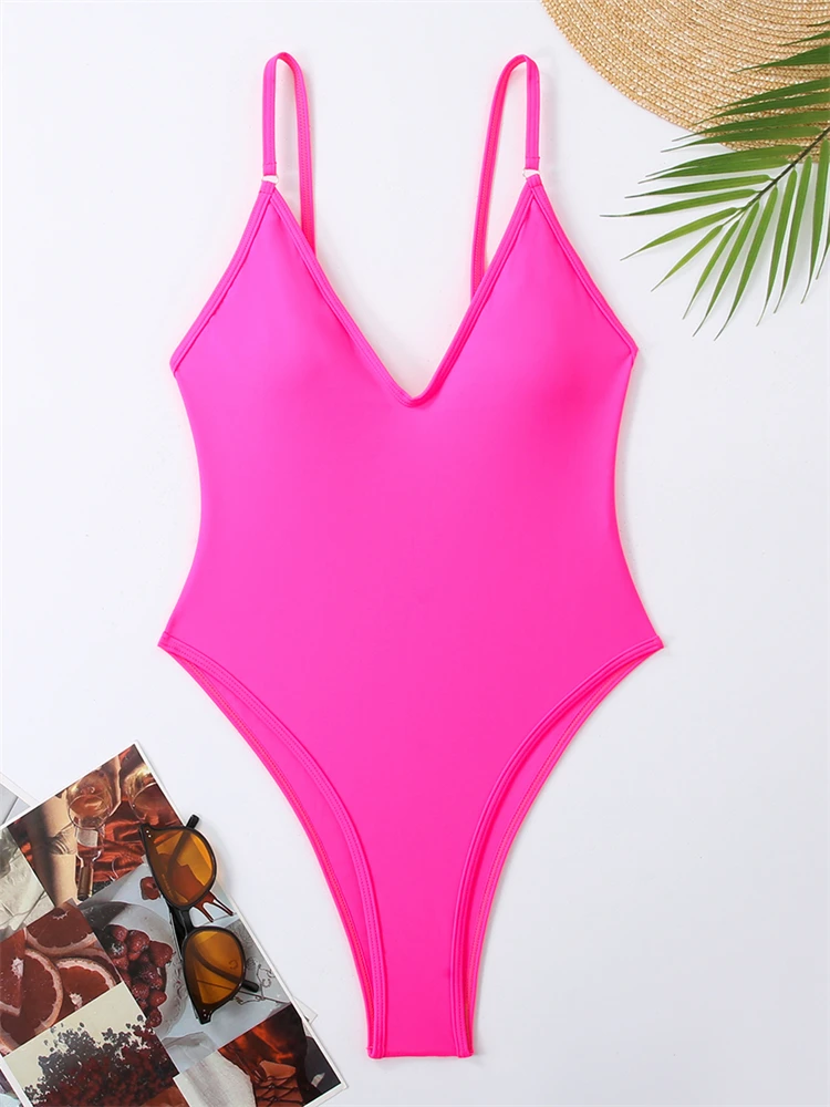 One Piece Swimsuit Women 2024 New Solid Sling V Neck Sexy Bodysuit Monokini Swimwear Summer Backless Beach Bathing Suit Female