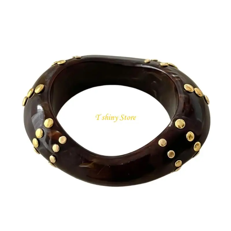 N58F Unique Asymmetrical Resin Bangle Bracelet With Punk Inspired Metal Accent