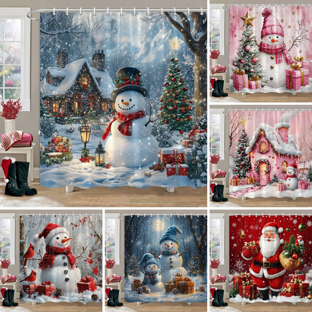 

Christmas Snowman Shower Curtain Pink Candy House Santa Claus Christmas Gift Polyester Shower Curtains Bathroom Decor With Hooks