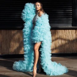 Photoshoot Tulle Coat Party Kimono Robes Jacket Women Pretty Lush Sky Blue Tulle Long Jackets Ruffled Women Dresses Mesh Puffy