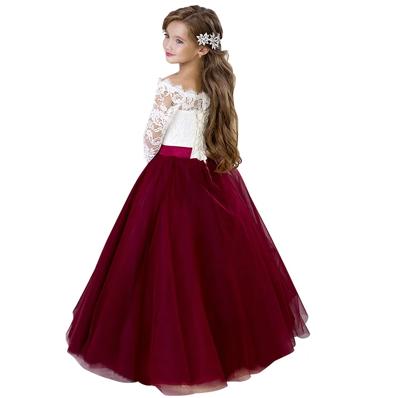 Crianças nova menina de flor vestido fora do ombro 3/4 manga longa rendas apliques tule vestido baile festa aniversário para o casamento da menina pano