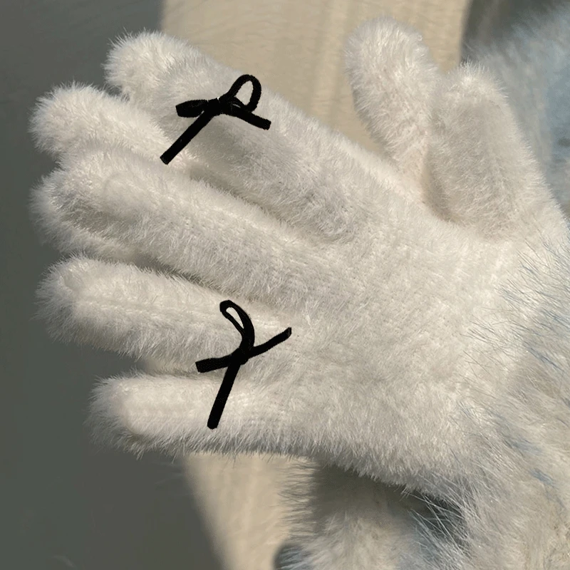 

Y2K Adults Winter Warm Glove Furry Thickened Touchscreen Plush Women Lolita Elegant Bow Tie Mittens Accessories New Year Gifts