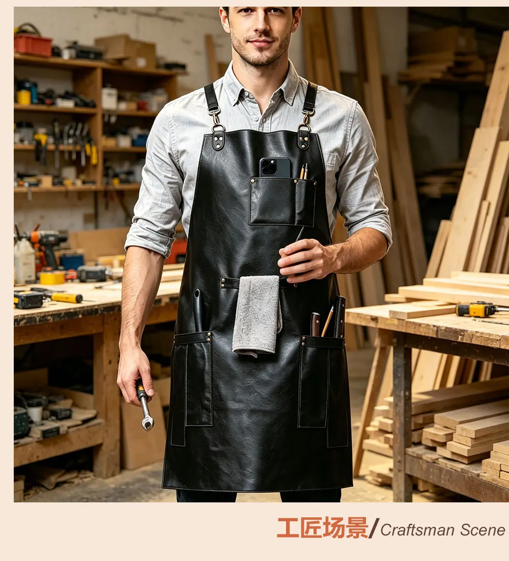 Thickened PU Leather Aprons,Wear-resistant Waterproof Aprons with Adjustable Shoulder Straps,Multi-functional Barbecue Apron 1