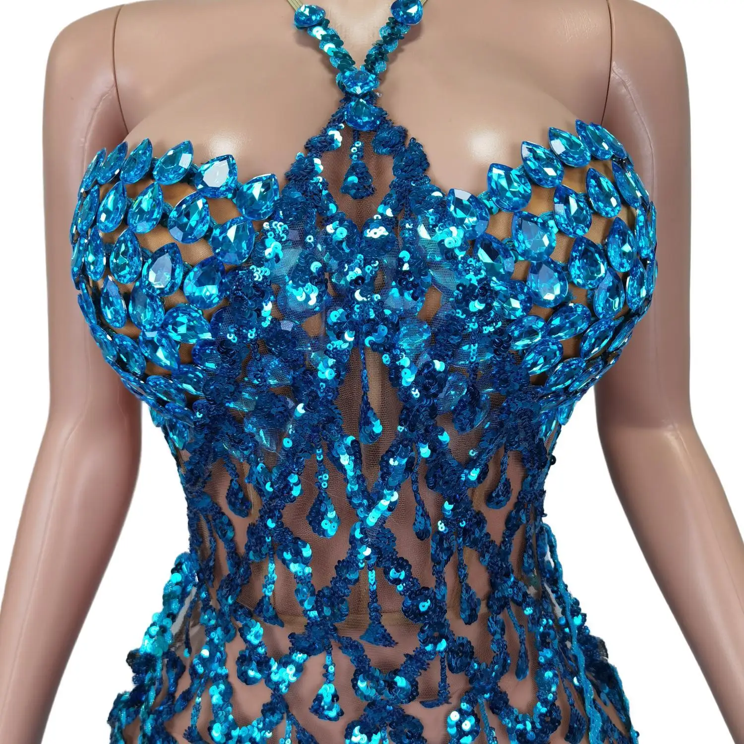 

Sparkly Blue Crystals Sequins Dress Sexy Mesh Halter 2-Piece Set Dress for Women Party Birthday Dress Singer Stage Wear Cuiniao