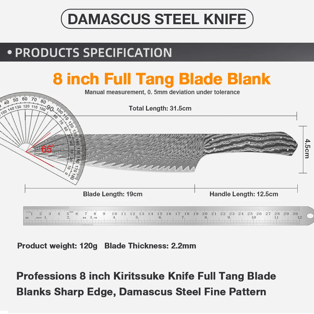 Damascus Steel Blank Blade Handmade DIY Full Tang Integral Damascus Blade Heat-treated Sharp Edges Kiritssuke Knife Making Mater