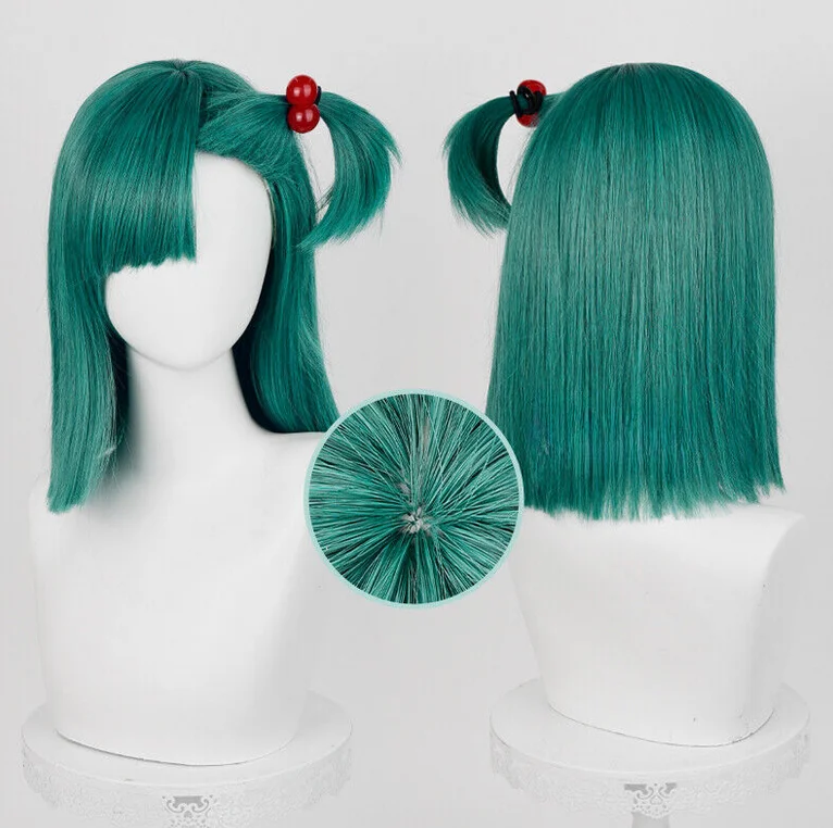 Bulma Wig Buruma Cosplay Wig Short Straight Green Women Wigs with Red Haripins