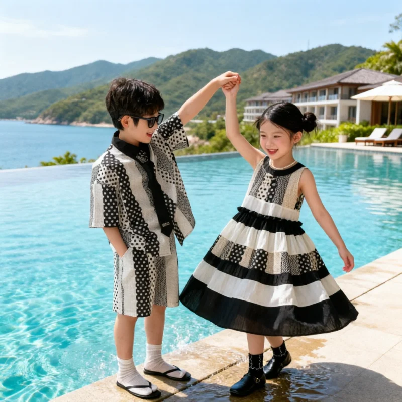 Sibling Matching Outfits Summer Kids Colorblock Polka Dot 2PCS Set Boy Short Sleeve Shirt + Shorts Girl Sleeveless Dress