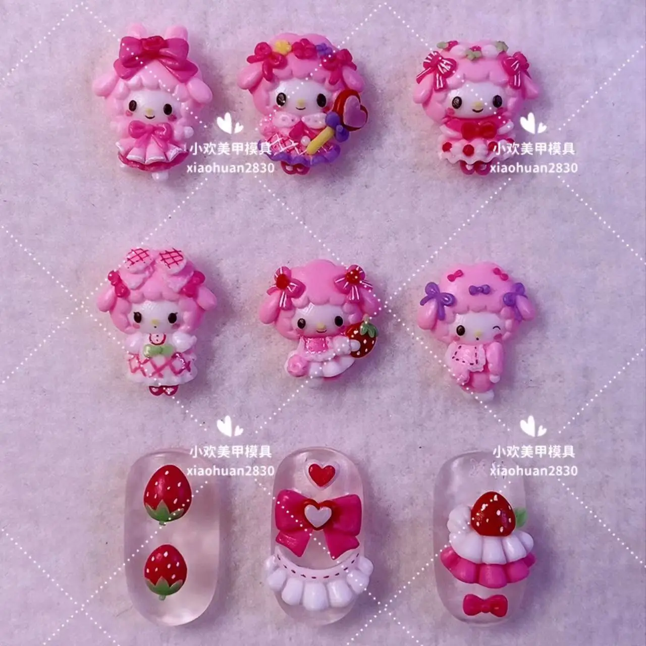 

New Kawaii Princess Dress Sanri My Melody Nails Mold Doll Finished Sweet Strawberry Bow Magic Stick Diy Handwork Nails Mold