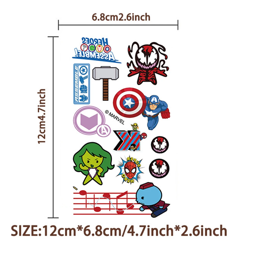 10 أوراق ديزني مارفل خارقة الكرتون كول مضحك الرجل الحديدي السم لصاقات وشم لطيف شخصية الكتابة على الجدران الشارات لعبة أطفال