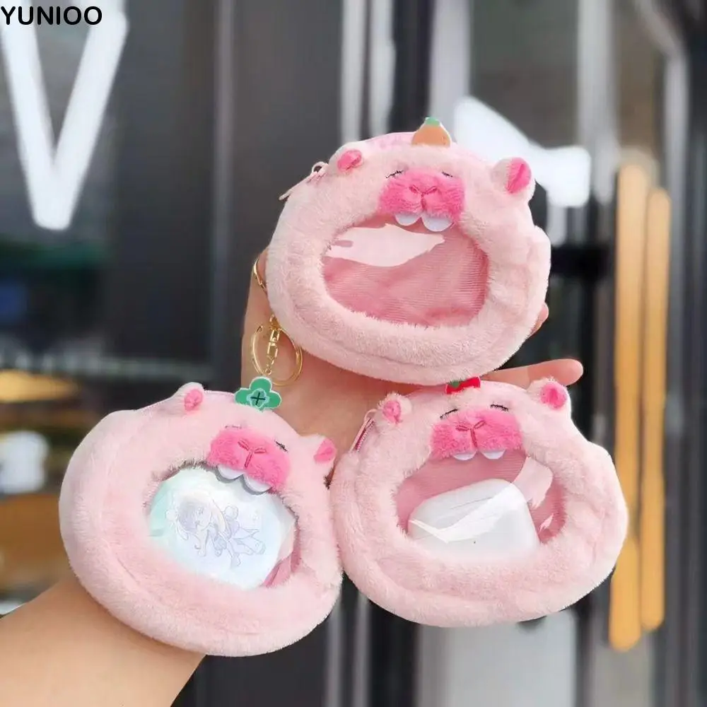 Pendentif poupée en peluche Capybara zéro portefeuille rose dessin animé Capybara en peluche sac à main créatif doux Transparent Badge sac garçons