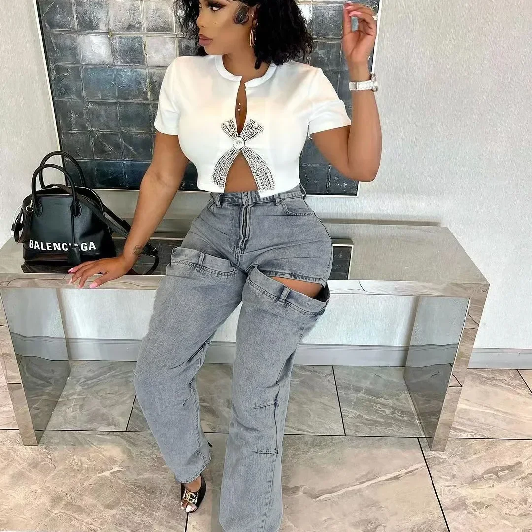 

Jeans for Women Hollow Out Pants Stretch Mid Waist Distressed Pockets Denims 2025 Streetwear Female Ankle Length Trousers