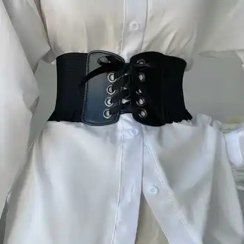 חגורת מותן רחבה לנשים בצבע שחור עם אבזם ורצועות, חגורת מותן בסגנון אופנתי ומדויק המתאימה לשימוש יומיומי