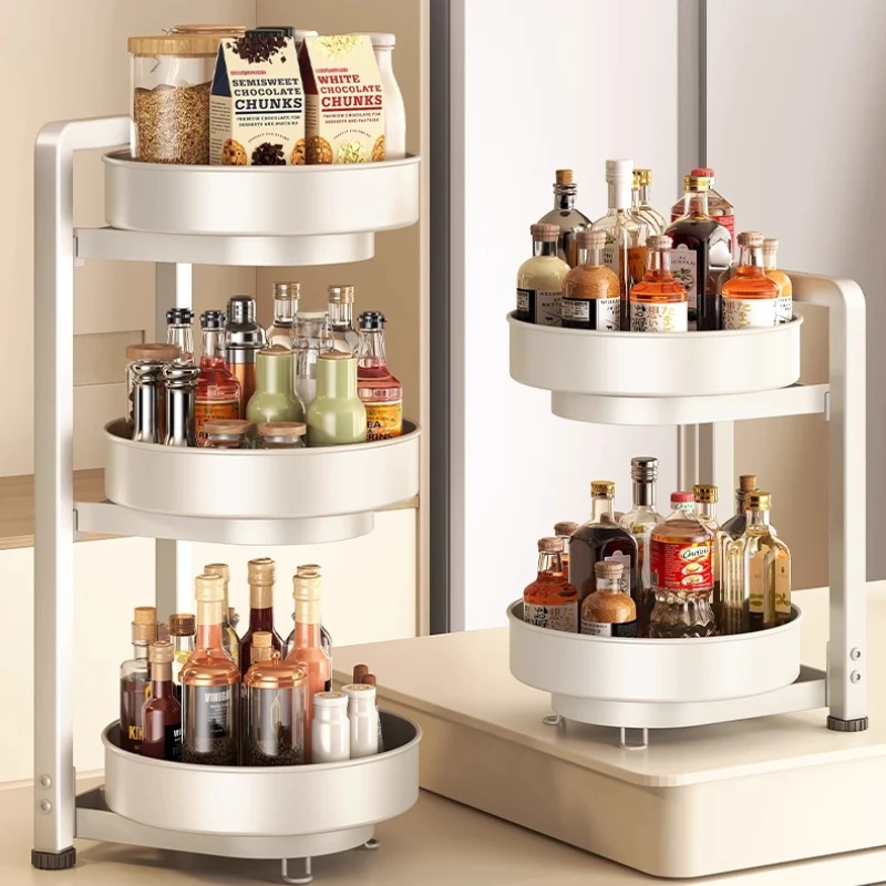 ‌ رف توابل دوار للمطبخ، رف قابل للتعديل من طبقتين، منظم بهارات قابل للإزالة، برج تخزين الحمام