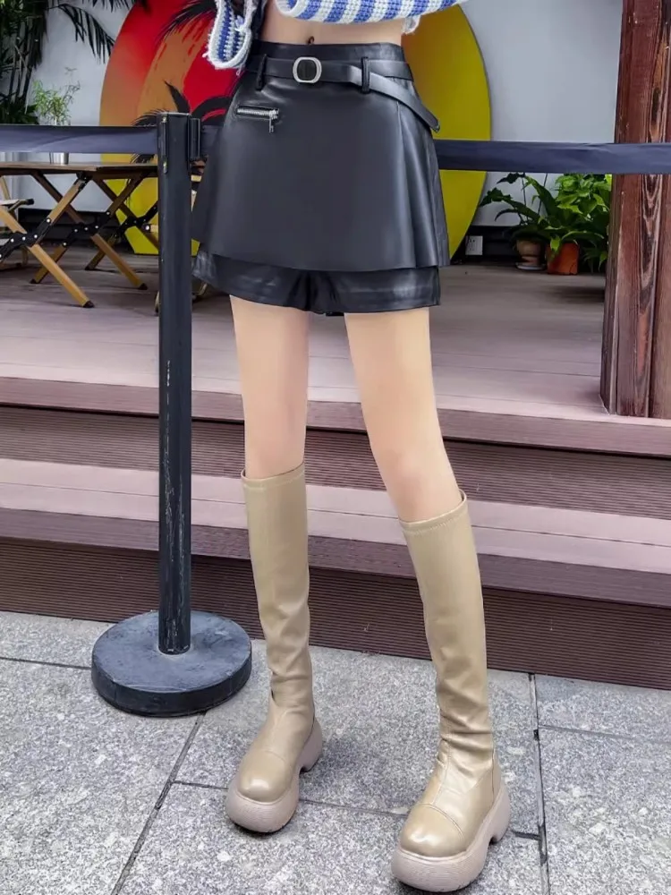 Wiosenne damskie nowe spodenki z prawdziwej skóry owczej spódnice Slim Fit spodenki z szerokimi nogawkami kobiece casualowe w stylu Streetwear spodnie Boot Cut — zdjęcie 4