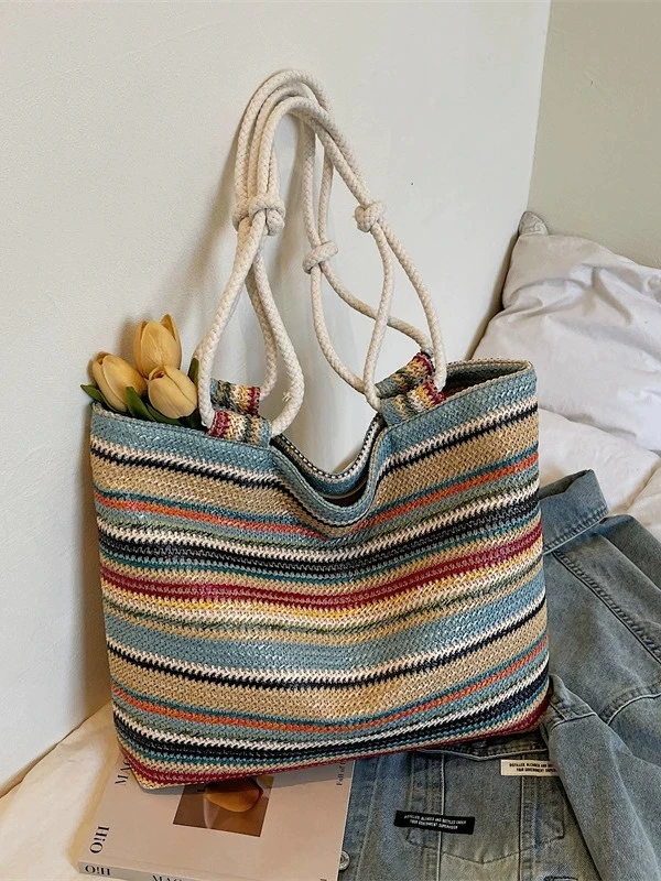 

Новая пляжная сумка через плечо в корейском стиле 2026 года для женщин, модная соломенная сумка с цветовыми блоками, вместительная плетеная сумка-тоут