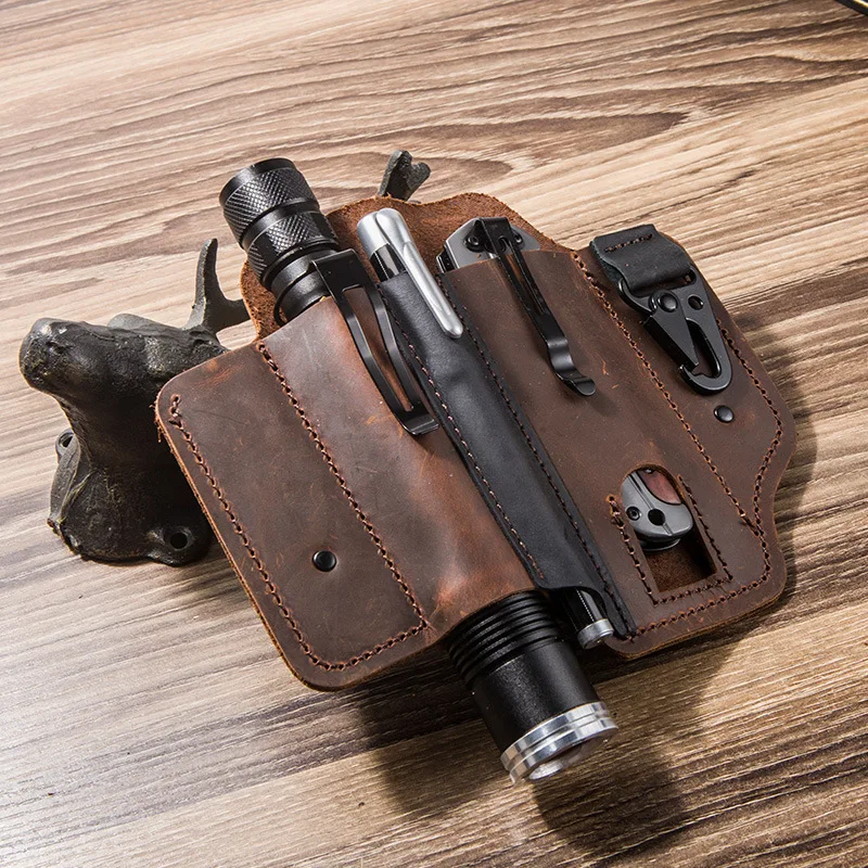 Imagem -02 - Couro Genuíno com Fivela Coldre de Cinto Portátil ao ar Livre Bolso Multifunções Tático Edc Multitool Bainha Bolsa de Caça