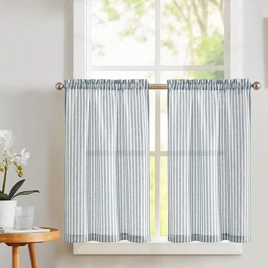Stripe Farmhouse Kitchen Cafe Curtains 36 Inch Rod Pocket Tier Drapes Semi-Sheer Small Window Treatment 2 Panels