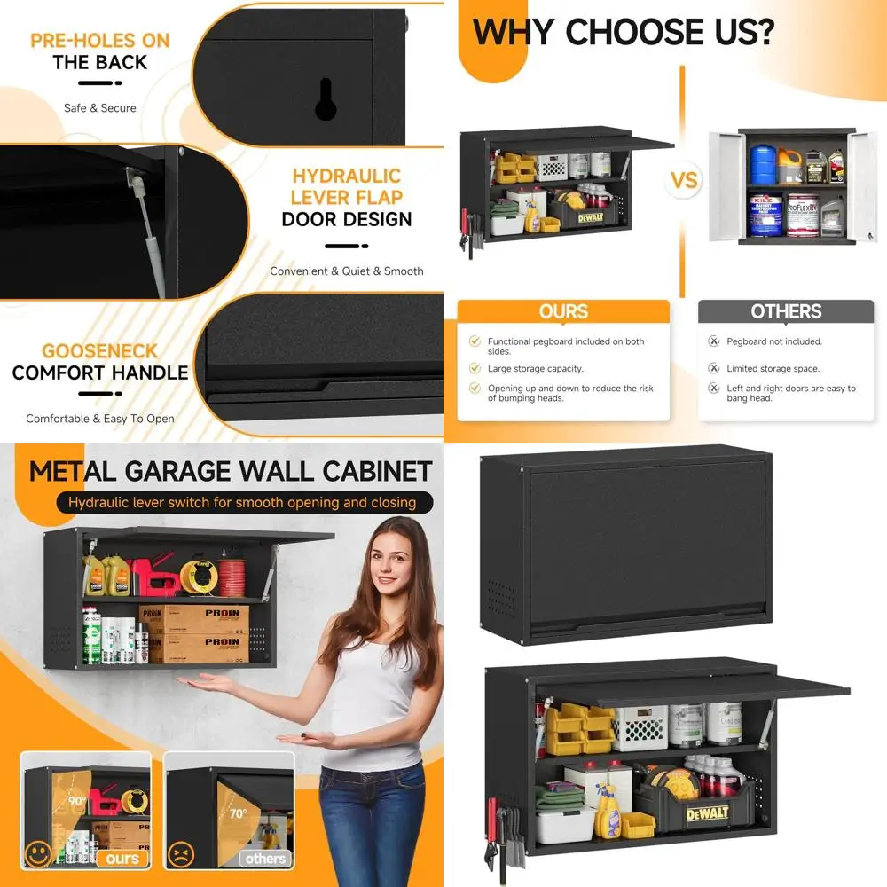 

Black Wall-Mounted Garage Cabinet with Up-lip Door and Adjustable Shelves, 19.7 High for Basement Pantry Storage (Assembly Requi