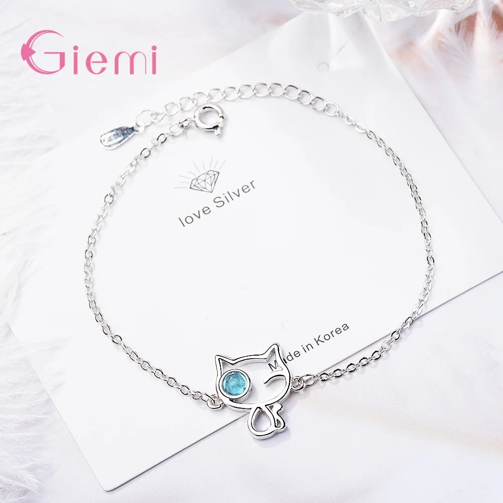 

Cute Sweet 925 Sterling Silver Cat Design Cubic Zircon Crystal Bracelets For Women Girls Anniversary Party Fashion Jewelry Gifts