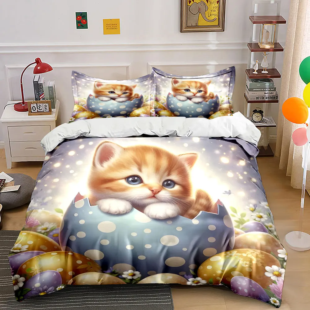 Kitten in egg surrounded by flowers Print Bedding Set 1 Duvet Cover 2 Pillowcases for Adult and Children Luxury Gift Full Size