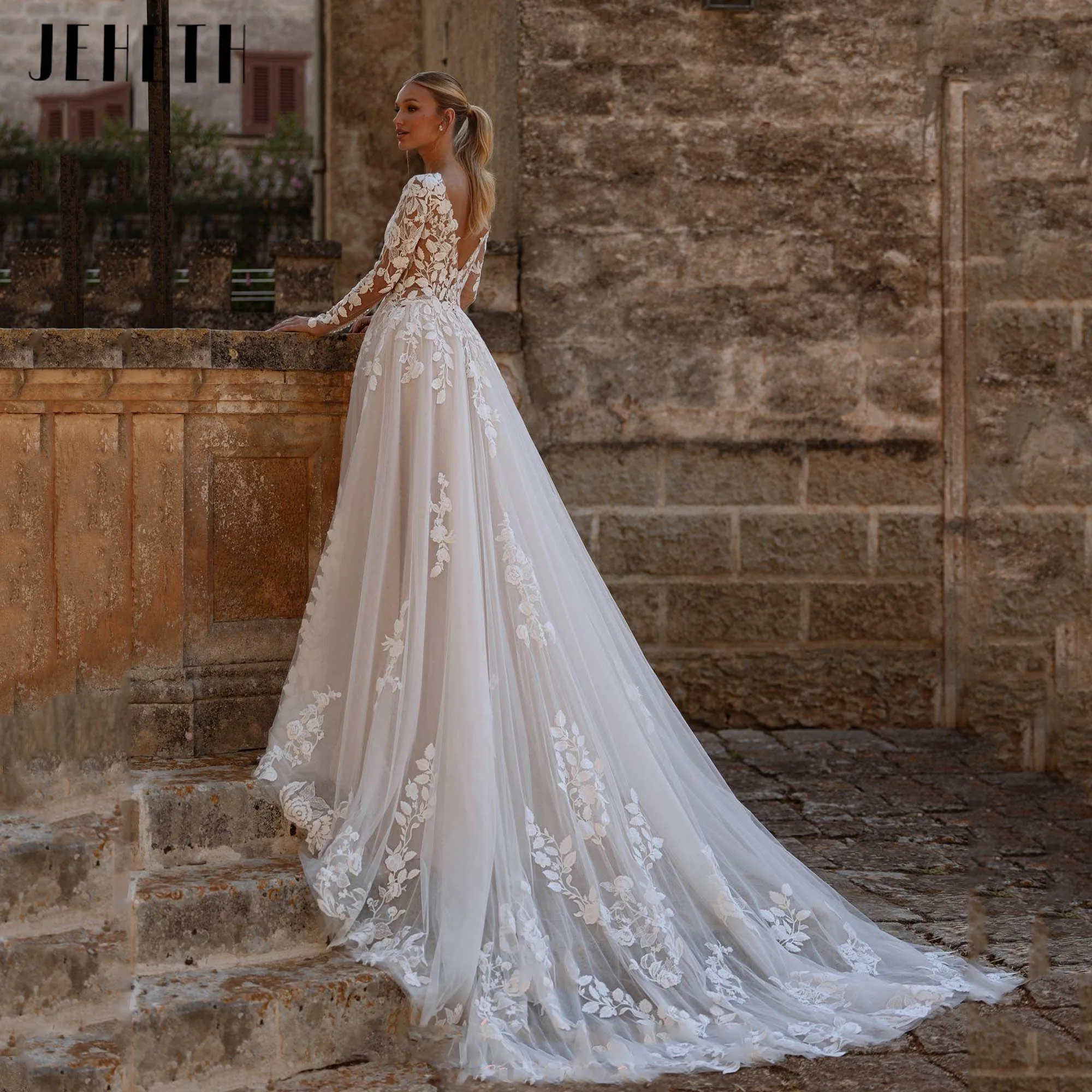 JEHETH ディープ V ネック アップリケ 高級ウェディングドレス 長袖 A ライン ロマンチックなブライダルガウン バックレス ベスティドス デ ノビア カスタマイズ