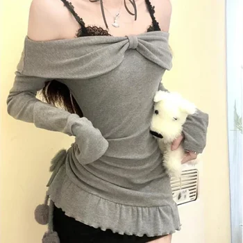 Aesthetic Y2k 레이스 패치워크 원피스 세트 여성용, 섹시한 긴 소매 상의 및 블랙 미니 원피스 세트, 2000 년대 패션 투피스 세트, 가을