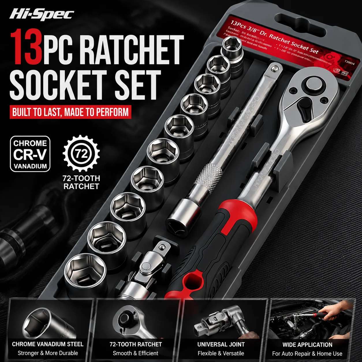 13PC Socket Ratchet Set 1/4 3/8 1/2 Inch Drive CRV Steel Metric SAE Socket Wrench Kit Mechanical Hand Tool Set For Home Repair
