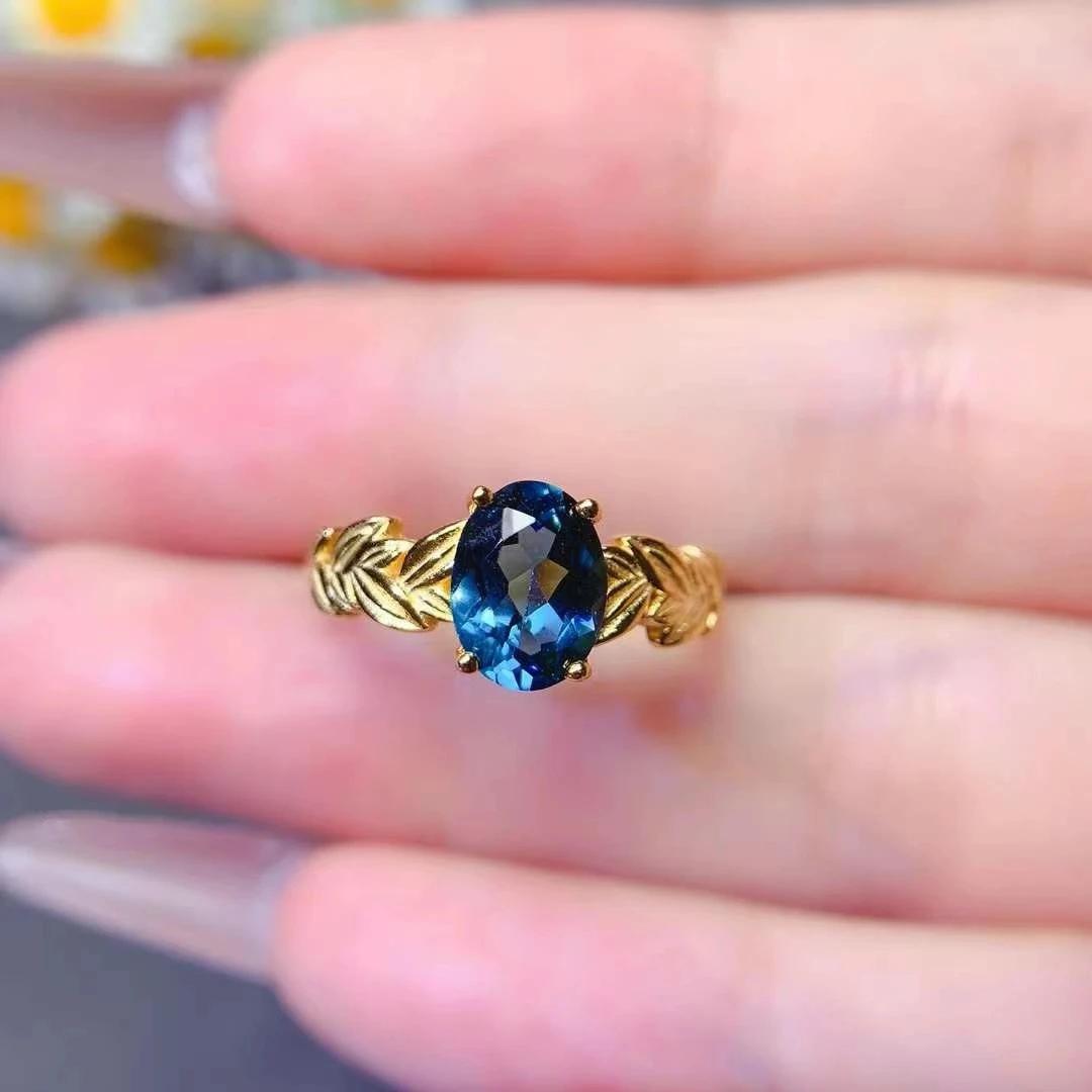 Deep Blue Natural Topaz Ring for Daily Wear 6mm*8mm 1ct Genuine London Blue Topaz Jewelry with Thick Gold Plating