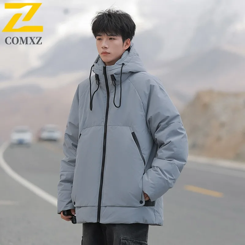 COMXZ Men's Cotton Padded Jacket New Trendy Loose Solid Color Hooded Travel Padding Coat Snowy Comfortable Outdoor Padded Jacket