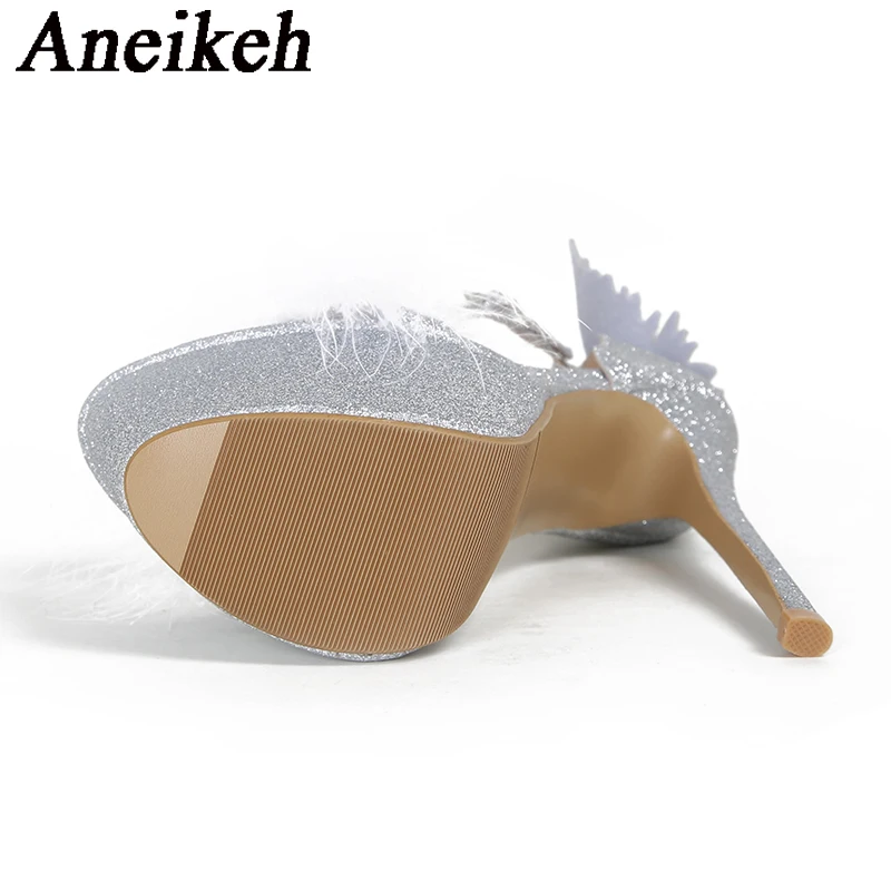 Aneikeh-Sandalias con plataforma de plumas de tela con lentejuelas para mujer, zapatos de fiesta con hebilla, Punta abierta, nudo de mariposa, cubierta de tacón, Sexy, Verano