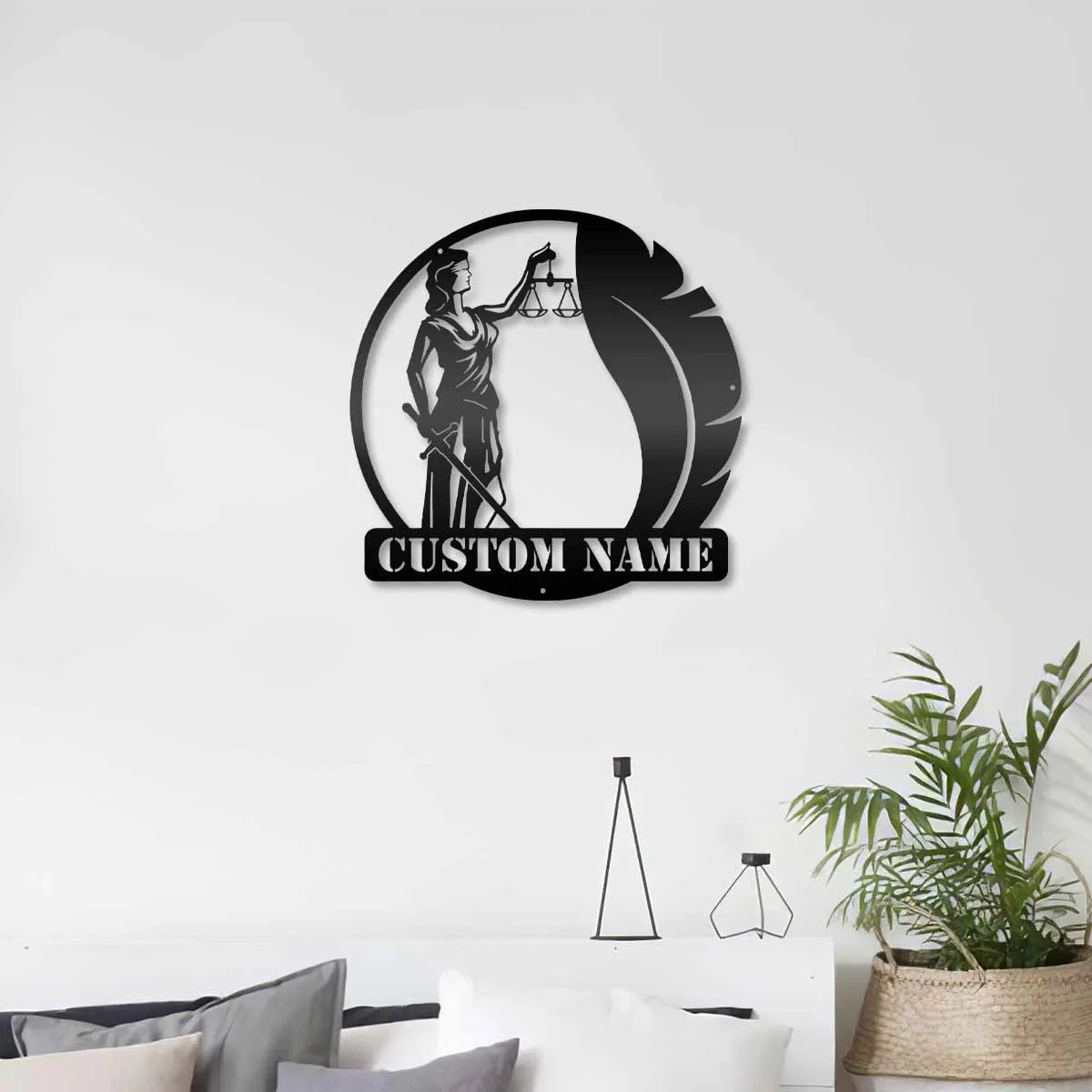 1pc Justitia Feather creative custom name Metal Wall Signs ron Plate Signs For Home Decor Living Room Bedroom