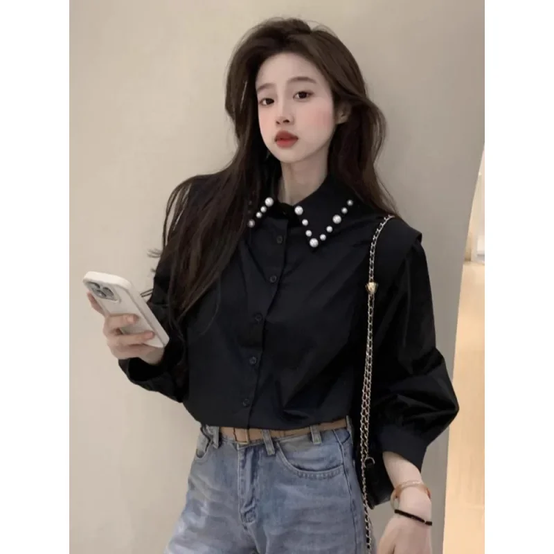 Pérola lapela camisa preta feminina manhã primavera estilo preguiçoso high-end casual solto camisa de manga comprida jaqueta topo