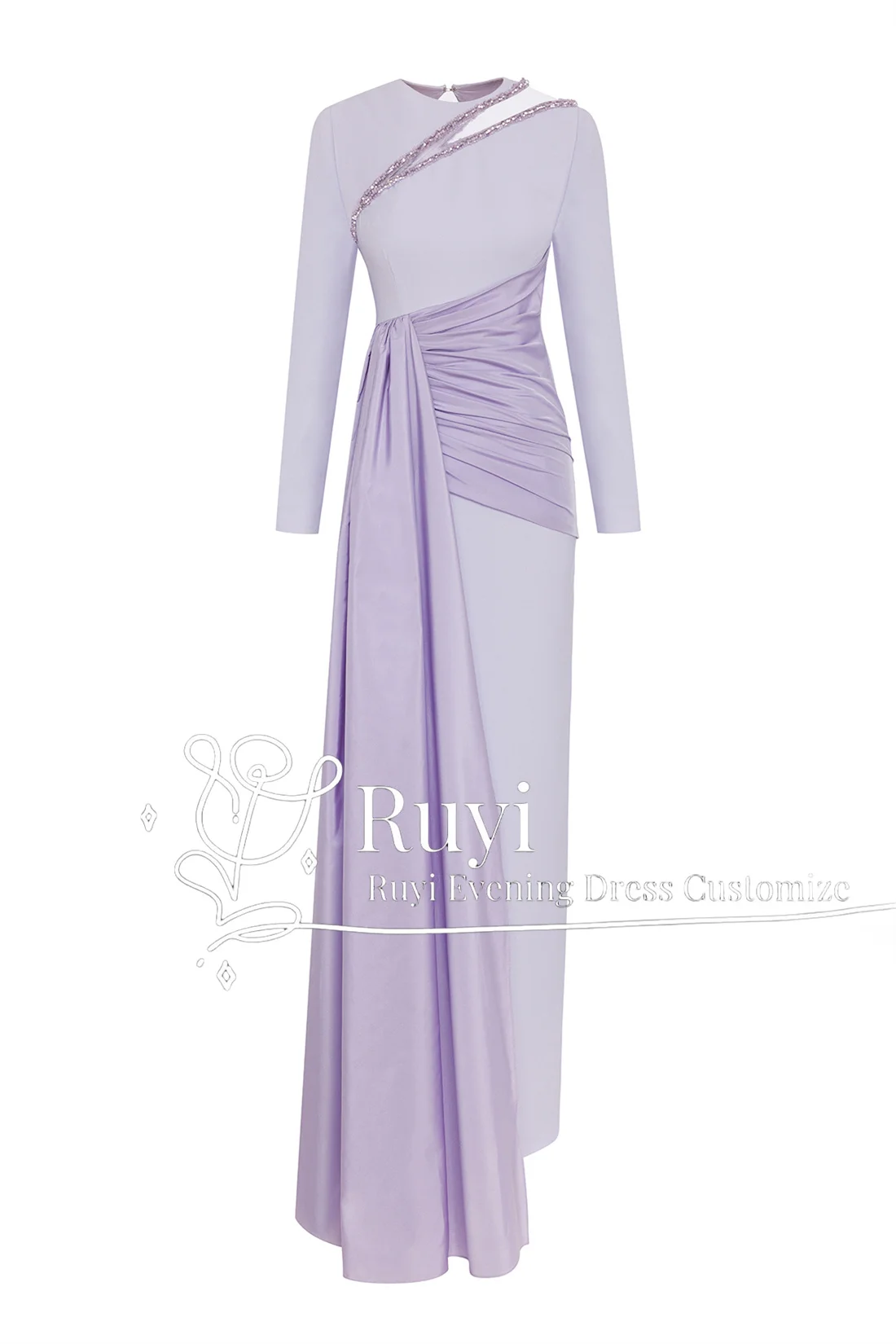 Customized Beaded Lilac Pleated Prom Dresses For Special Occasion Long Sleeves Patchwork Side Train Formal Gown Evening Dress